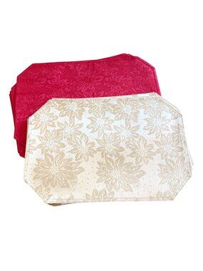 Better Home Christmas Placemats set of 8 12x18 Red Beige Poinsettia Floral